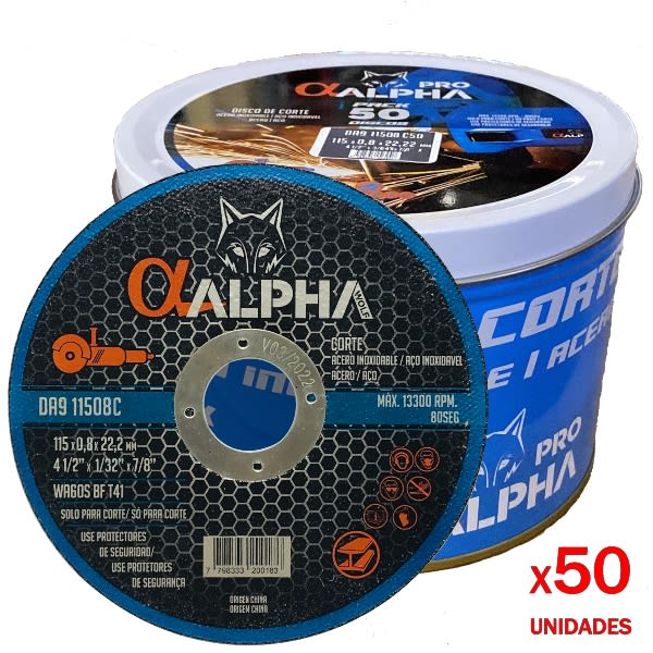 Pack 50 Discos de Corte 4-1/2" 1.00mm Extra Fino Acero Inox Alpha Pro