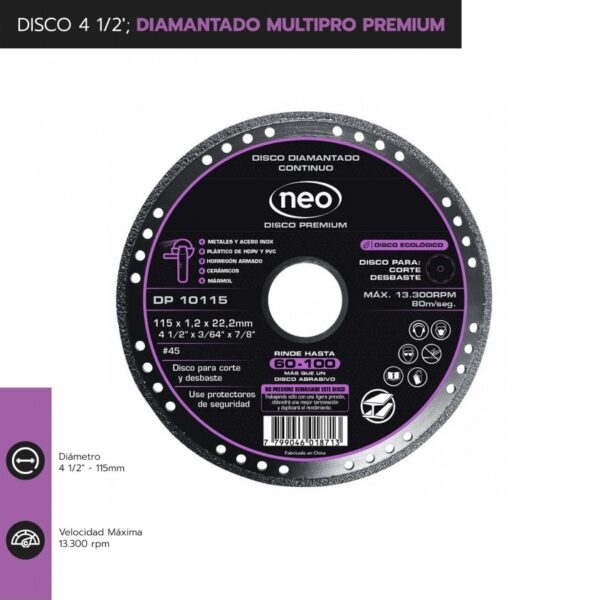 Disco diamantado 4 1/2" multiproposito premium dp 10115 Neo